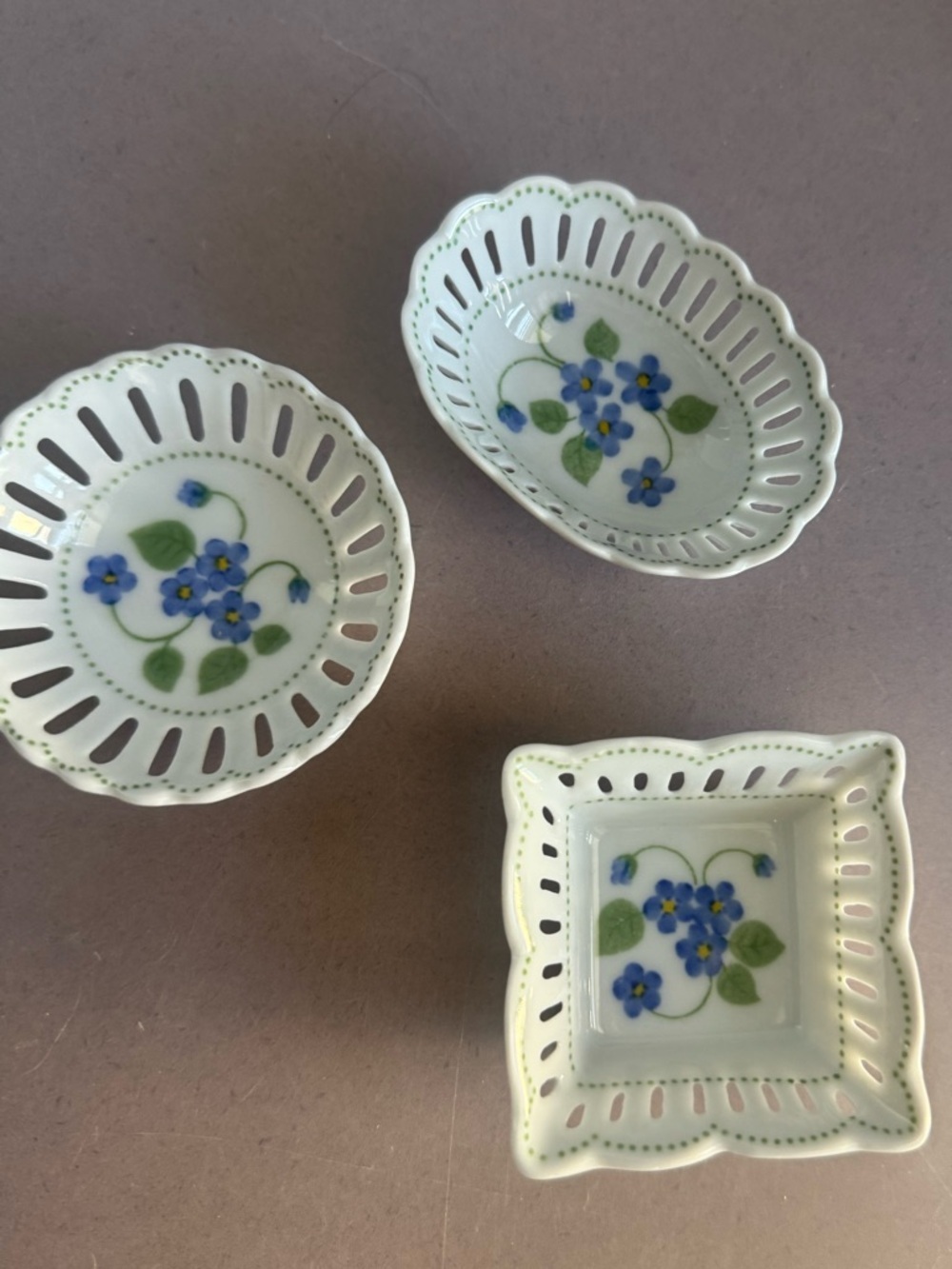 Vintage Porcelain Blue Floral Trinket Dishes - Set of 3